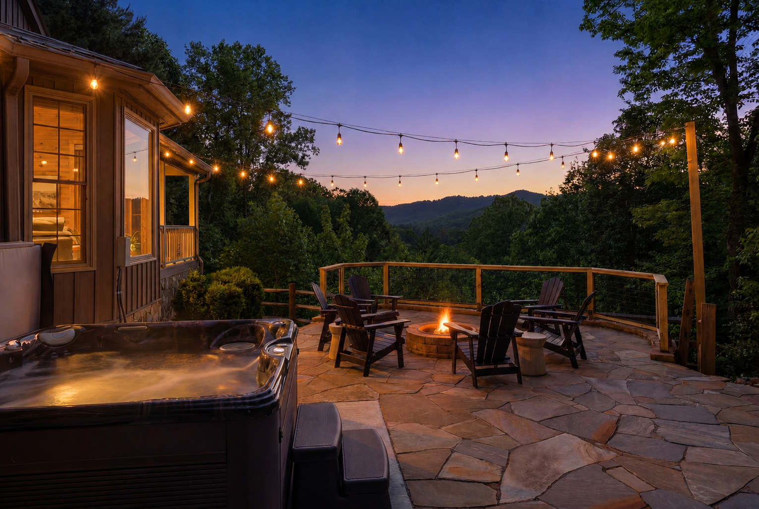 outdoor deck with hot tub, chairs around a firepit, and a string of lights at twilight. mountains in the background