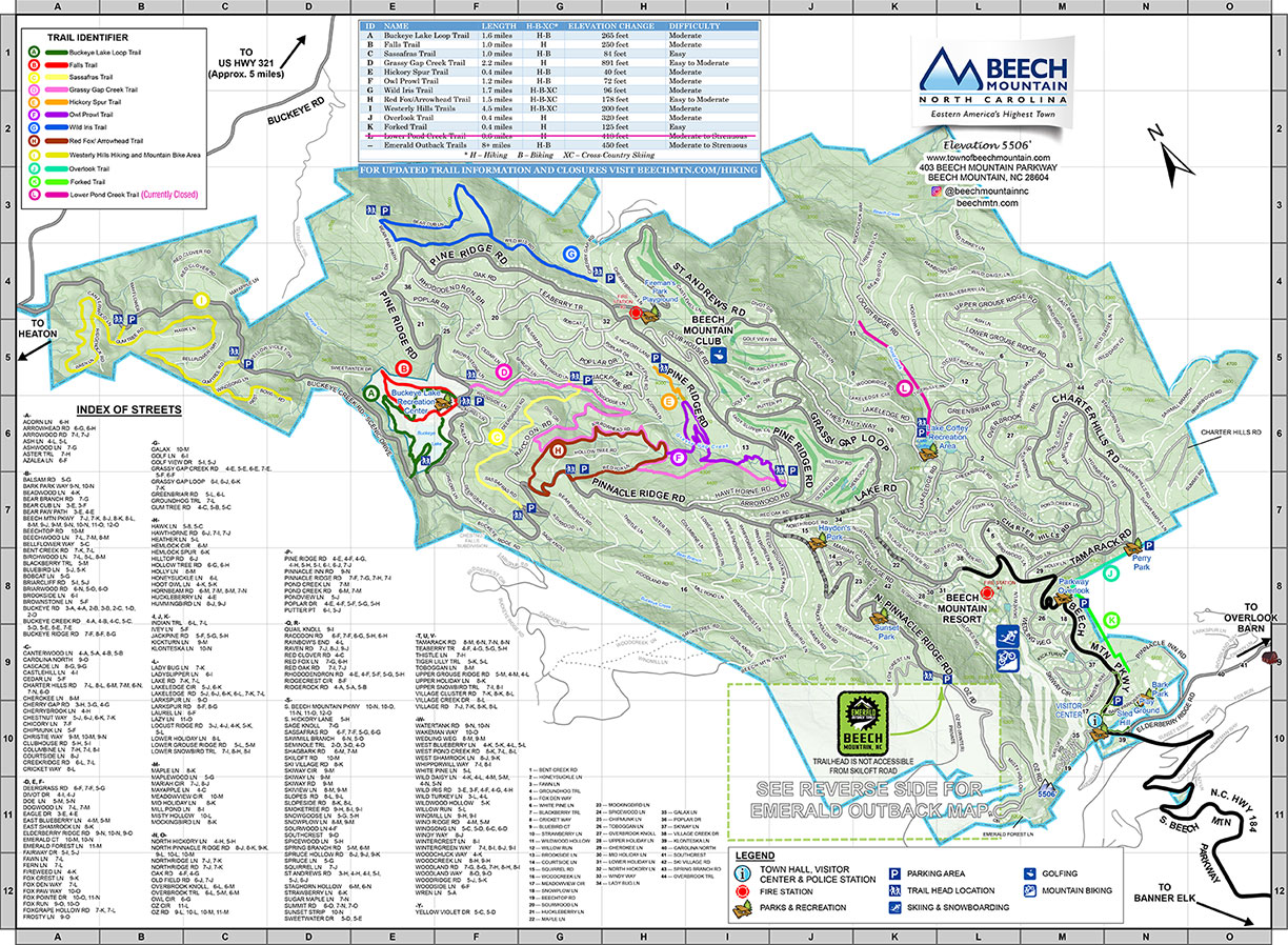 Beech Mountain Road and Trail map featuring every road and trail in town plus other landmarks